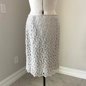 TAHARI Arthur Levine Sz 6 Silver Dove Gray Guipure Lace Overlay Straight Skirt